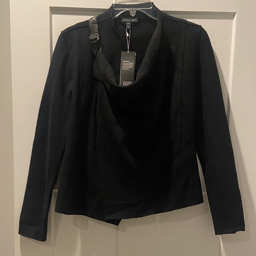 Eileen Fisher Women's Black Drape Front Jacket with Cowl Neck